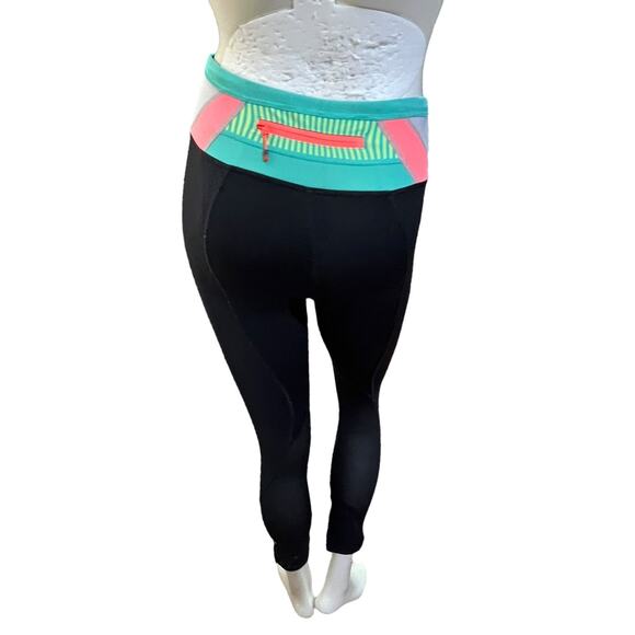 Lululemon Black Yoga Leggings with Turquoise/Coral Striped Waistband - Size 4 - Picture 2 of 16